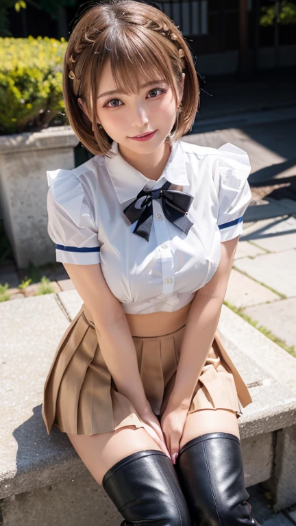 (RAW Photos, Highest quality)，(Realistic，photo-Realistic:1.3)，masterpiece，Very delicate and beautiful，Very detailed，CG，Unity，2k wallpaper，wonderful，In detail，A light smile，Very detailed，CG Unity 8k wallpaper，Large file size，Very detailedな，High resolution，Absurd，(Short Bob，short hair:1.3)，((Floating Hair NovaFrogStyle))，Beautiful detailed girl，Detailed fingers，Very detailed eyes and face，Beautiful and sophisticated nose，Beautiful details，Long eyelashes，Summer Park，Light on the face，View your audience，((Short sleeve white shirt:1.2))，((Navy bow tie:1.2))，((Navy Pleated Skirt:1.2))，(((Roll up the skirt yourself)))，(((I rolled up my skirt myself)))，((Browsing Caution，stylish white panties:1.3))，((Browsing Caution，Very small T-front panties:1.5))，Pay attention to the panties，1 high school girl，cute，young，Mature Face，(whole body:1.7)，Realistic face，Realistic body，Beautiful thigh detail, 