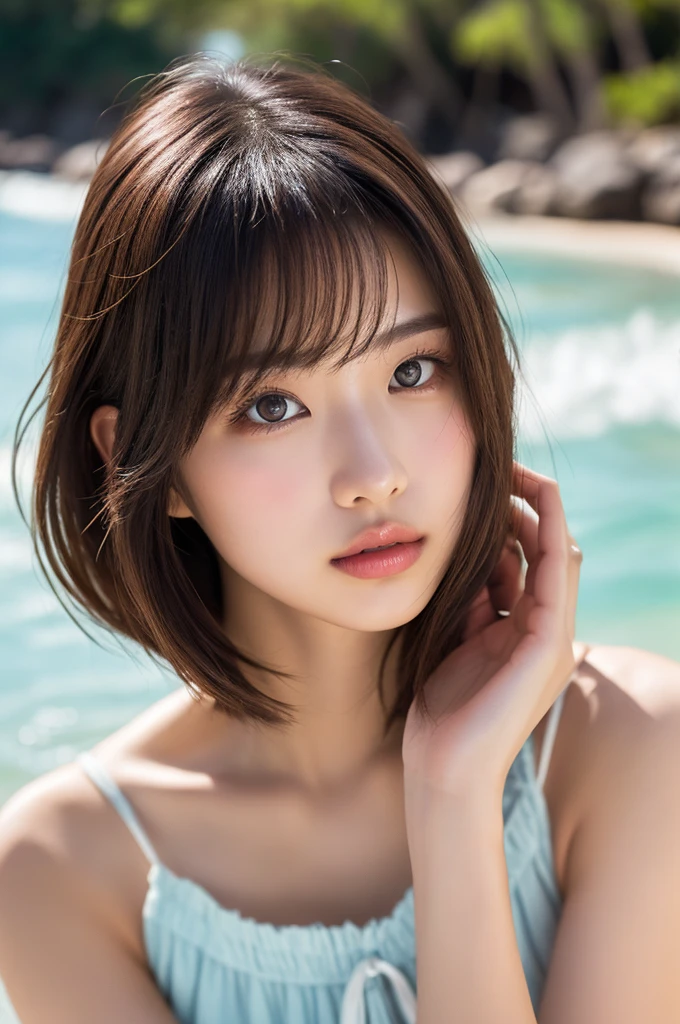 (((Loose, Shoulder-length fluffy brown mini bob hairstyle)))、(((Hawaii beach background)))、(((Pose like a model at the hair salon)))、(((Wearing a white micro bikini)))、Face close-up、Half Japanese, Half Korean、1 girl、Independent、I'm looking forward to、Light eye makeup、Brown Hair Color、Flat 、Hair blowing in the wind、Quality of actress、Shiny, Ultra-realistic faces、smile、Watery eye、look up、Subtle lighting effects、 Ultra-Realistic Capture、Very detailed、High resolution 16K human skin closeup。Skin texture must be natural、The detail must be such that the pores are clearly visible.、skin is healthy、Even Tone、Use natural light and colour、High quality images taken by modeling agencies'Exclusive photographer、smile、(((Sigma 300mm F/2.8,1/1000 sec shutter,ISO400)))