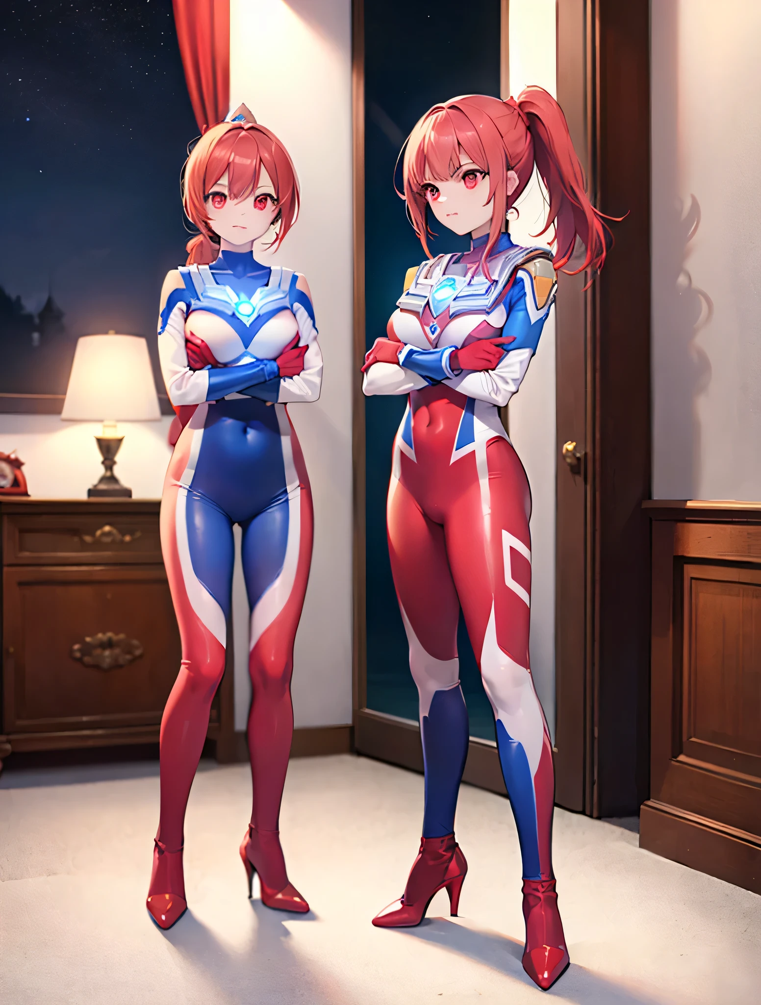 woman,(bright red hair:1.5),short bob,red eyes, (Ultra Girl :1.0), (silver and red ultraman bodysuit:1.0),big breasts,(Put your hands on your hips:1.1),(fist:1.1),(Turn your back to your audience:1.3),(back view:1.2),(butt:1.2)