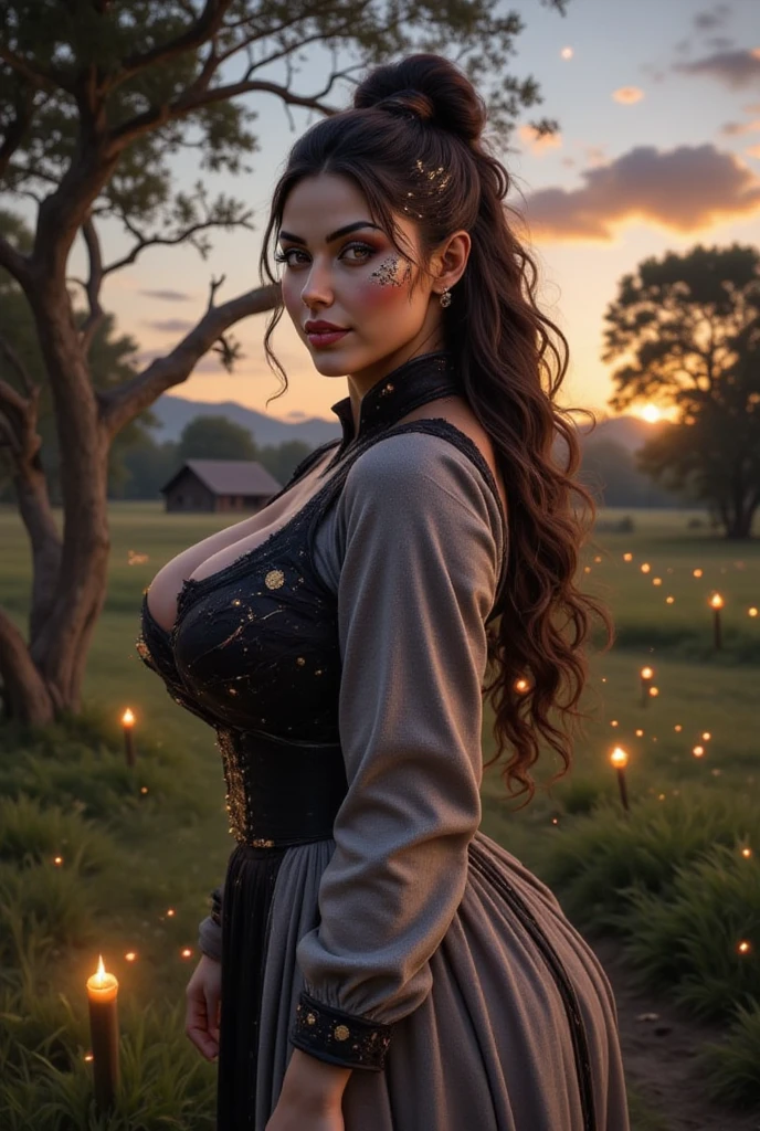 arafed woman with brown hair, bouncing her boobs up and down, (large boobull cleavage, heavy eye liner, ultra realistic, concept art, intricate details, eerie, highly detailed, photorealistic, octane render, 8k, unreal engine. art by Artgerm and Greg Rutkowski and Alphonse Mucha, denim dress, long wavy brown hair, summer, field of flowers at night, starry sky, realistic, ultra detailed, perfect eyes, realistic eyes, (brown eyes:1.2), taken from a distance, happy, smirking