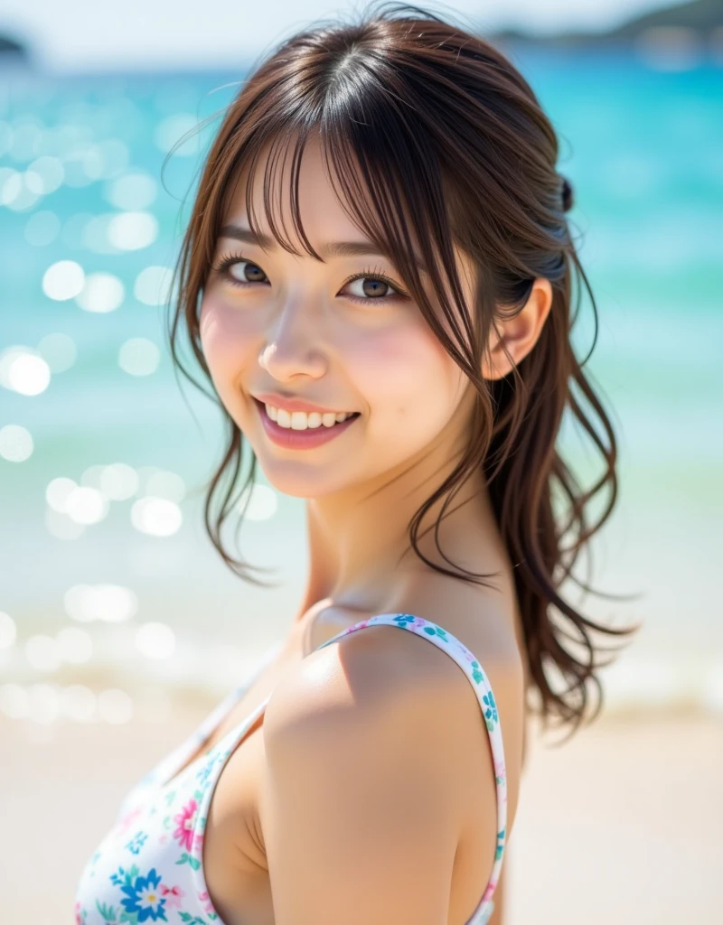 (Realistic: 1.4), (highest quality: 1.4), Ultra-high resolution, (Fine grain),Full body shot,((Pose for gravure photography)),1 High school girl,(Big Breasts),Black ponytail hair,((Cute patterned bikini)),Wide eyes,Blushed face,((smile)),Highly detailed face and skin texture, Healthy Skin,(Evening beach),8k resolution