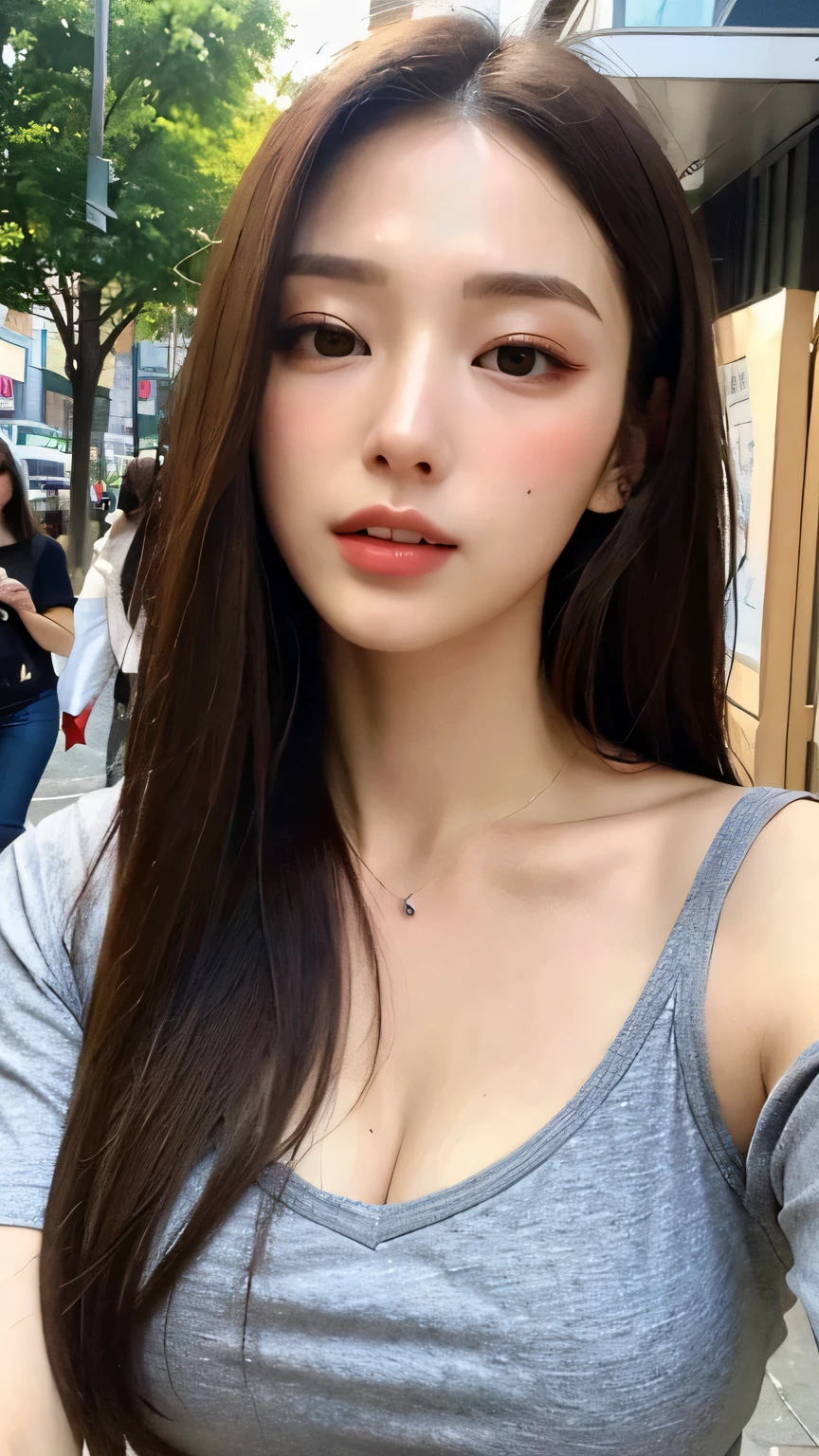 ((best qualtiy, 8K, tmasterpiece:1.3)), Sharp:1.2, perfect figure beautiful woman:1.4, Slim abs:1.2, ((Layered Hair Style, huge tit:1.3,cleavage:1.2)), (A long shirt with transparent wet black buttons:1.1),(Sateen,the street:1.2),Highly detailed facial and skin texture,A detailed eye,二重まぶた,Look sideways at the camera