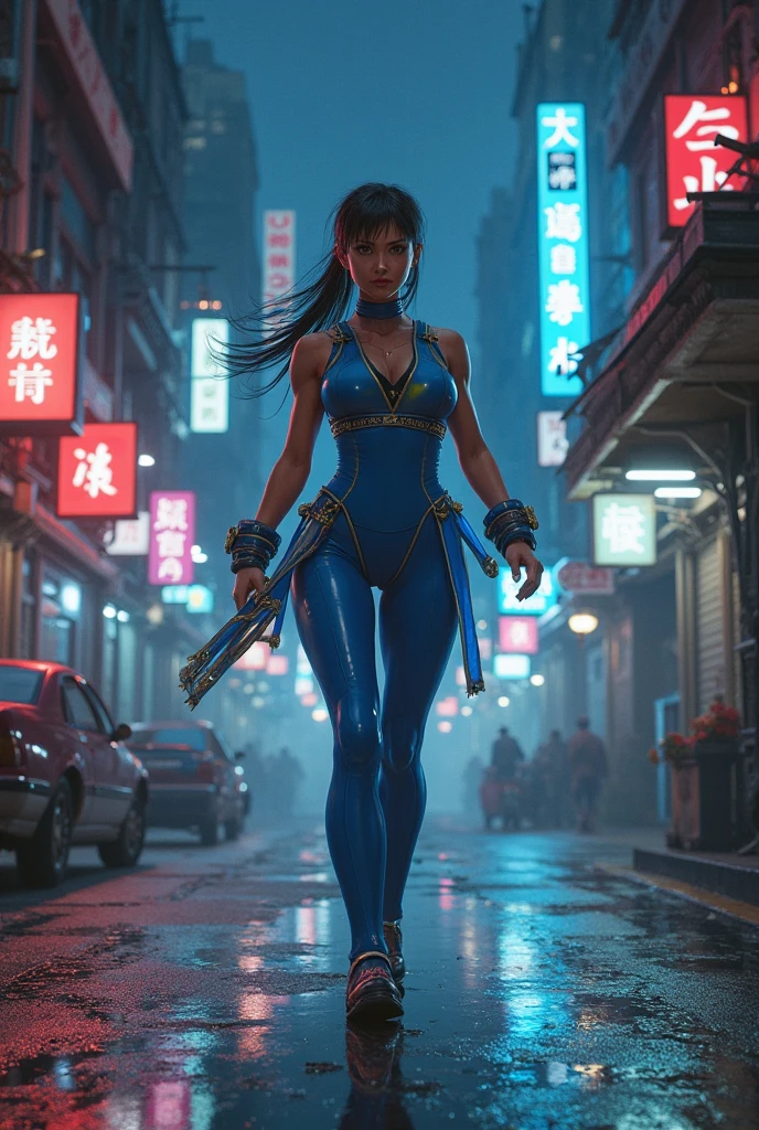dark cyberpunk city ruins, Beautiful Asian cyberpunk woman with dark cleopatra style eyeliner and under eye makeup, wearing a cyberpunk thong bikini combat boots and equipment belt, best quality, super detail, 16k, masterpiece, anatomically correct, full body view