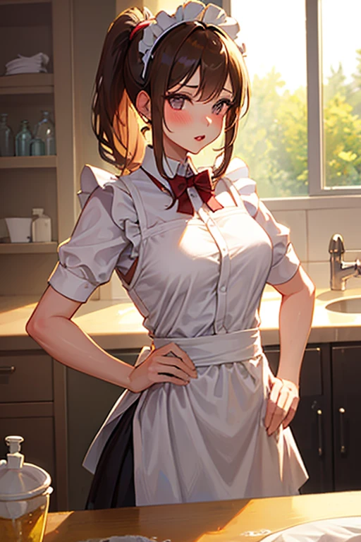 ((Tabletop, highest quality, High resolution, , Pixel perfect, 4K,))), 1 beautiful woman, private teacher、The whole body is visible、 ((Mid-wave hair, bangs, Brown Hair)), ((Brown eyes, Beautiful eyelashes, Realistic eyes)), ((Detailed face, Blushing:1.2)), ((Smooth texture:0.75, Realistic texture:0.65, Realistic:1.1, Anime CG Style)), middle size breast, Dynamic Angle, Perfect body, (( , ,  、White frill apron, Maid Costume、Ruffled short sleeve shirt、Maid Costumeフリルスカート))、Cooking in the kitchen、、I can see all of your panties、Very embarrassing panic smile, 、、、、(Pink floral lace panties are visible、)、Angle from below)、