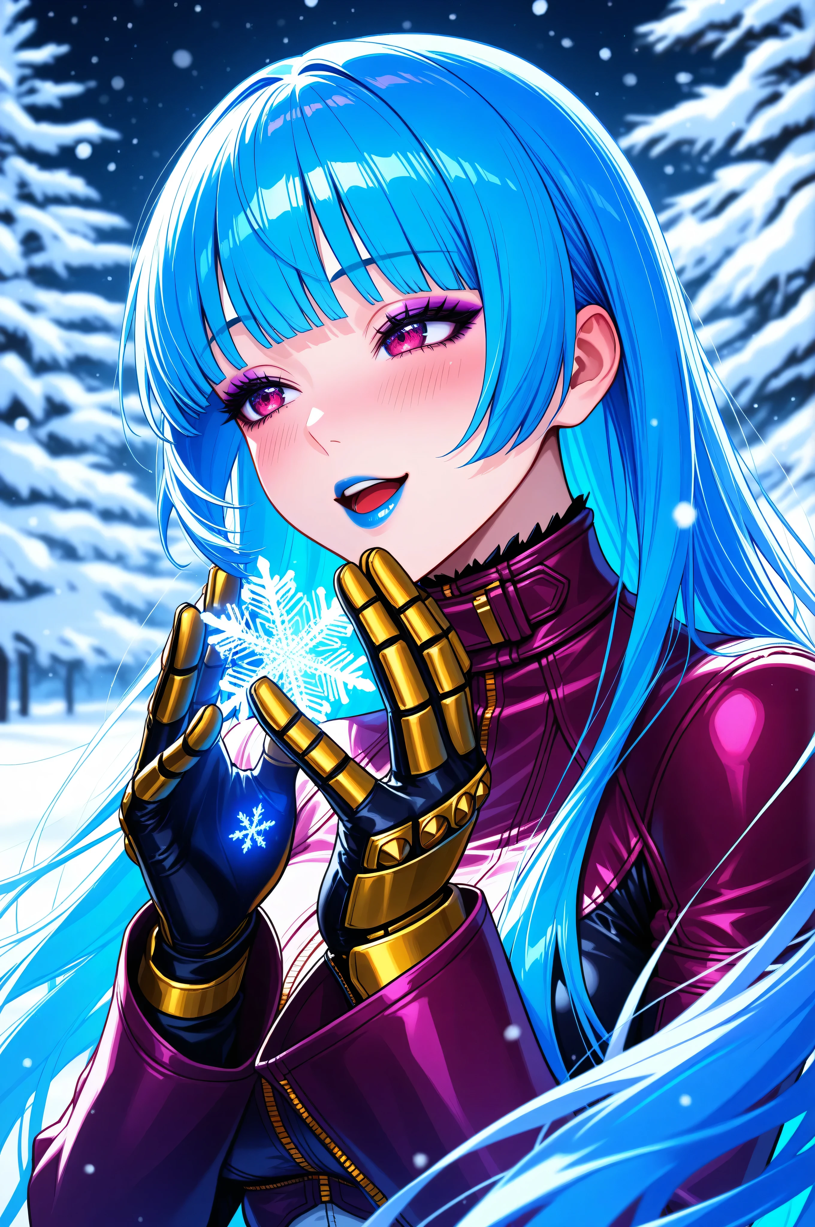 masterpiece, best quality, absurdres, newest, very aesthetic, amazing quality,highres, solo, Kula Diamond \(king of fighters\), blue hair, hime cut, purple eyes, gloves, (1girl), (detailed face:1.2), (detailed eyes:1.3), black eyeliner,purple eyeshadow, blue lipstick, blush, flirting, snowflake, high resolution, 8k wallpaper, Distinct, magical atmosphere, beautiful background, high quality, snowy background 