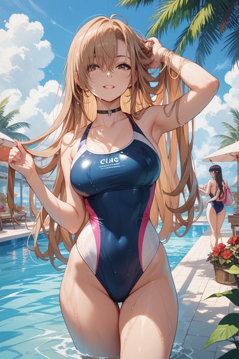 12-year-old Japanese girl, (((anime, cg, 8K quality, hyper reality, Perfect drawing))),
Standing by the poolside, (solofocus),
Her delicate face radiates a gentle shine, (top-quality: 1.3),
Skin as smooth as silk, (beautiful: 1.2),
Gently smiled, revealing her perfectly aligned teeth, (perfect: 1.1),
Wearing a tight-fitting white swimsuit, highlighting the curves of her body, (accurate depiction: 1.1),
Body lines clearly visible, showcasing an identifiable hourglass figure, (hyper reality