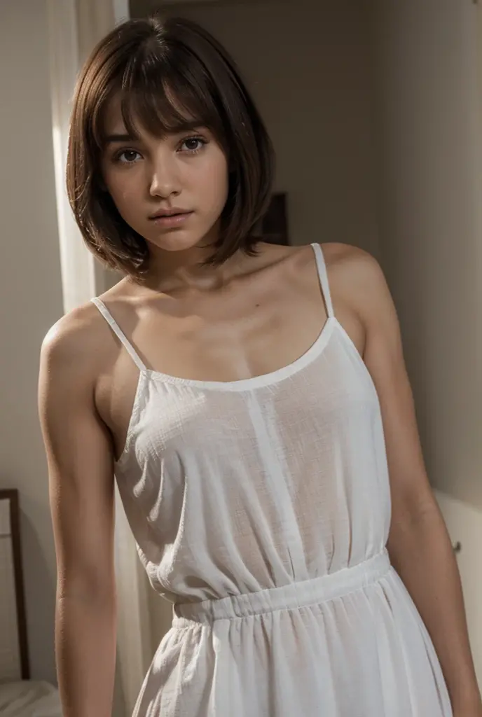 (white long camisole, exposed white panties, shirt lift, self-lift: 1.2), from top, upper body, masterpiece, best quality, raw photo, photorealistic, small bust, face light, film grain, chromatic aberration, absurdity, high resolution, ultra detail, detail, detailed eyes and face, sharp pupils, realistic pupils, sharp focus, indoors, short hair, sad expression, ((WET BODY)), all over the body, soaking wet, on all fours, sexy pose