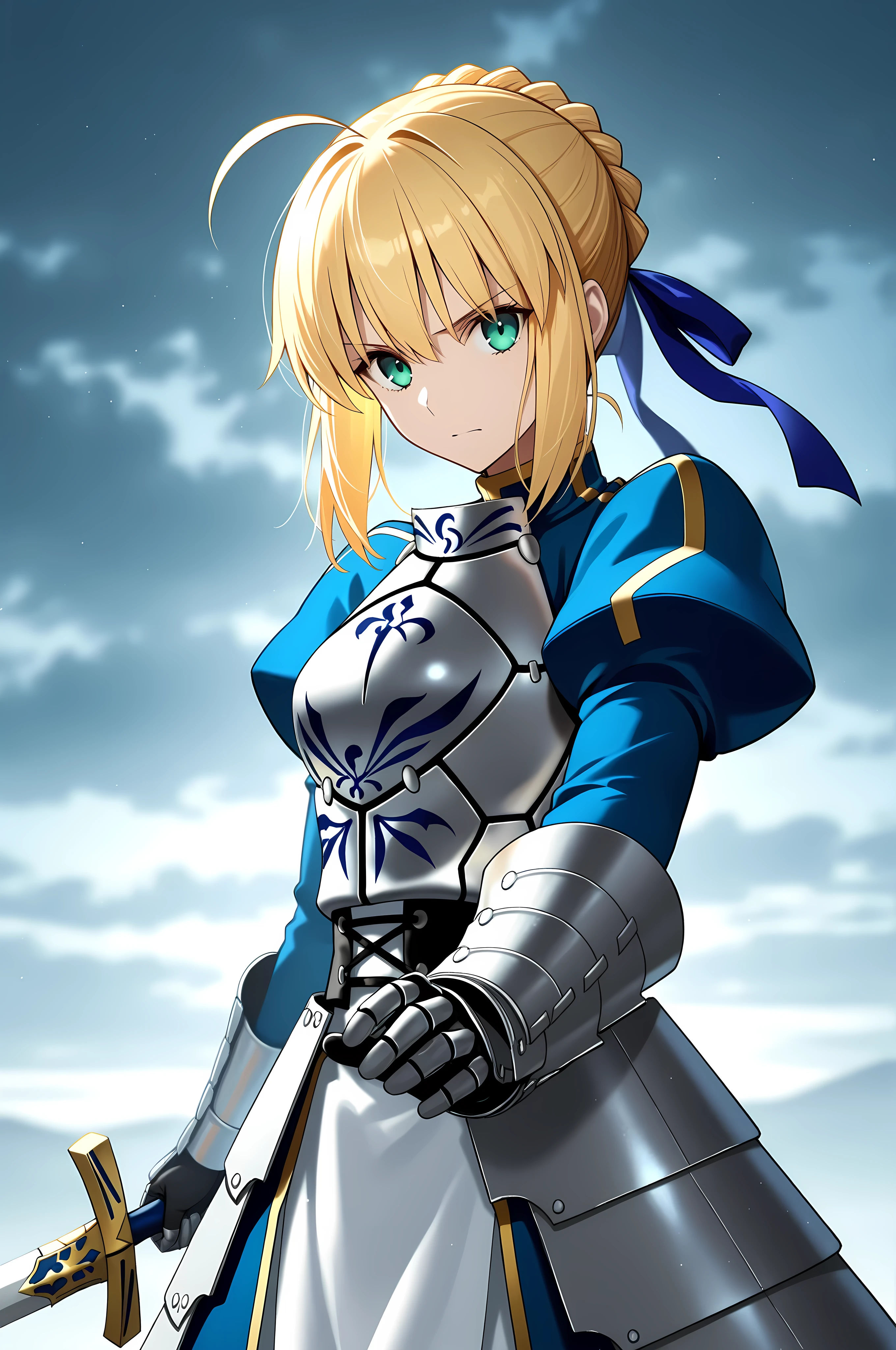 masterpiece, best quality, weapon, holding sword, 1girl, saber, fate_(series), 1girl, blonde_hair, green_eyes, tied hair