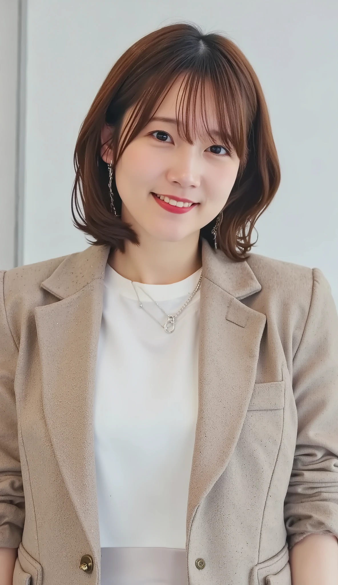 Neat Young Woman、and look at the camera、office lady suit、jacket、shirt、necklace、ear piercing、黒髪、、smile showing teeth、背景はオフィス