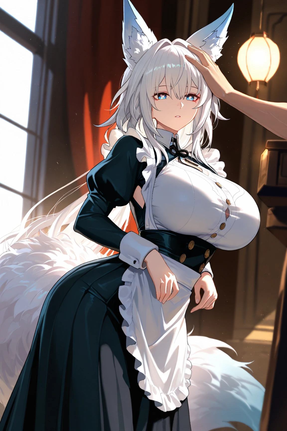 A young white haired woman with copper eyes and an hourglass figure with white fox ears and a white fox tail in a Lolita maid uniform is setting a table in a fancy maid cafe with a big smile