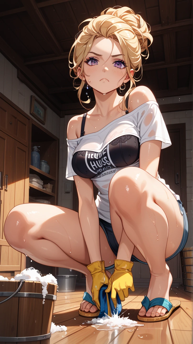 Highest quality, Masterpiece in anime style, (alone:1.1), Bottom View, housewife, A woman is squatting and cleaning a wooden floor with a rag, Sexy woman in shorts, Head scarf, Short jeans, Denim shorts, See-through wet low cut tank top, Your clothes are wet, A woman squatting and cleaning the floor with a rag, Head scarf, Classic Japanese house, Bottom View, Low angle image, Forced perspective, Sensual, Charm , Simple bra, 