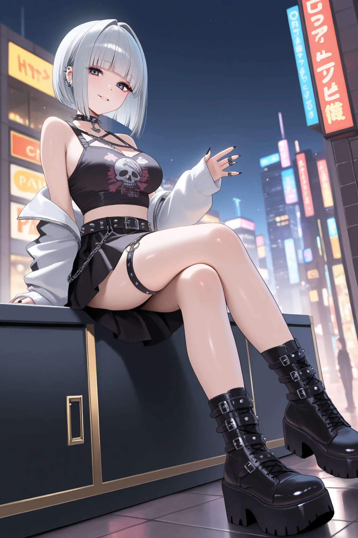 (masterpiece, Highest quality:1.2), (High resolution, 8K RAW Photos, Photorealistic, Clear focus, Weak outline:1.3), (Natural light, Fabric Shading), ((alone:1.5)), (1 mature woman, 2), ((NFSW:1.37, Cleavage, Sexually harass)), ((Bright and beautiful eyes:1.3, Detailed pupil)), (black collared shirt、Black leather mini jacket、Leather Hot Pants、Silver Belt、Long boots)、(Looking at the audience, With a smile, Half-closed eyes), Raised to be sexy, (small open mouth:1.3), Silver hair with light purple mesh, Medium Short Hair, Hair on one eye, Asymmetrical Hair, Half Up Hair, Side Lock, blue eyes, (Luxurious accessories, necklace, Earrings, bracelet), Bokeh, Dynamic Angle, Leaning forward:1.2, Close-up face:1.5, whole body, From below:1.2, (Correct Anatomy:1.6, Ideal body proportions, The right move:1.5, Small hands), Nightclub