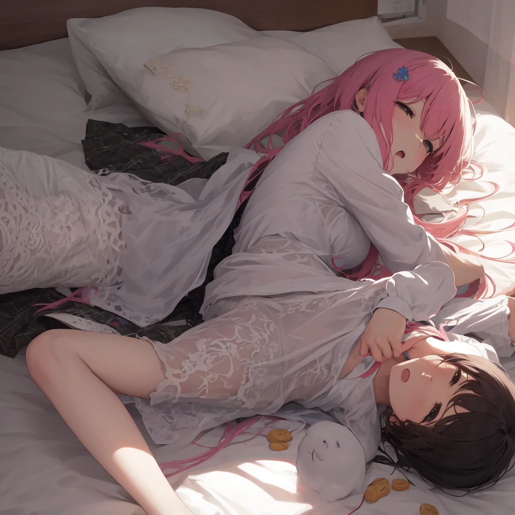Masterpiece, best quality, super detailed, illustration, beautiful detailed eyes, close up, a girl and a boy on the sofa, girl pink hair white dress, boy black hair and white suit, girl and boy hugging and kissing on sofa