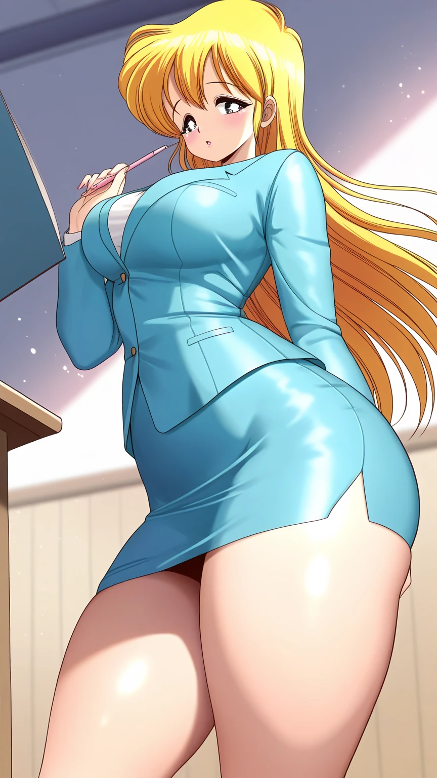 ((high detailed, best quality, 4k, masterpiece, hd:1.3)), BREAK night, window, moonlight, landscape, (in office), indoors, business office, office workers working in the office, many people are busy working, window, desk, chair, computer, ceiling light, Rosalina, BREAK neon blue eyes, seductive, attractive, sexy smile, smiling, smooth anime cg art, 36C breasts, (long fitness legs), vivid colors, detailed digital art, slim body, perfect skin, blonde hair, long hair, BREAK crown, BREAK looking at viewer, extremely detailed face, navy_blue necktie, blue jacket, black shirt, blue pencil skirt, full body, (blue high heels), earrings, gem, dark black makeup lips, dark gothic eyeshadows, dark eyeshadows, black eyeshadows, black sexy lips, black lips, (dark:1.2), dark lips, very dark lips, (perfect hands, perfect anatomy), black makeup, detailed fingers, five fingers per hand, 5 fingers, (1 girl), detailed lips, detailed black lips, black painted lips, gothic painted lips, (with your back turned:1.5, looking back pose), (looking back), (hands behind head:1.3),
