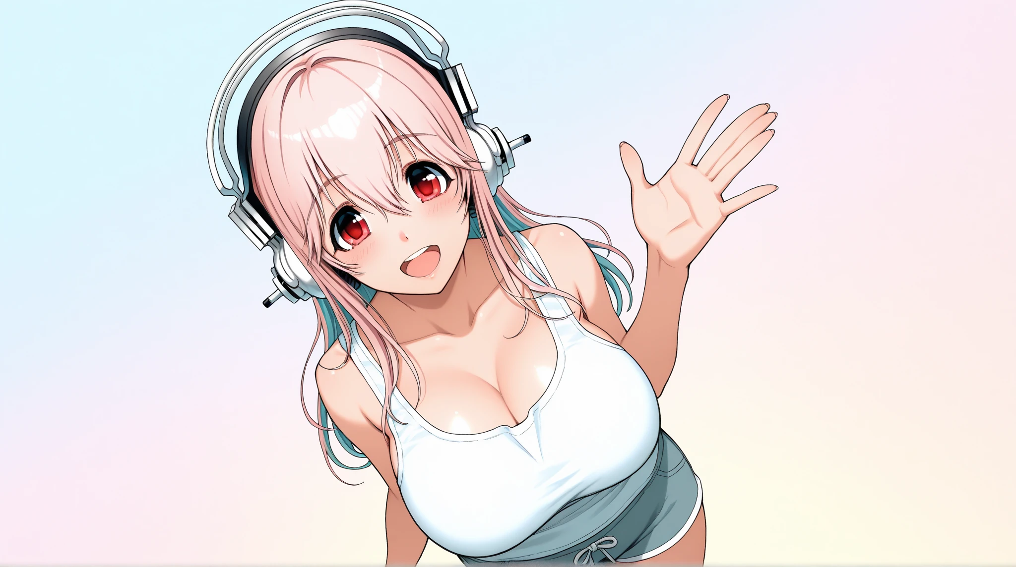 (masterpiece),(intricate details),1girl,mature female,medium breasts:1.39,tired face,brown eyes BREAK lukamegurine, luka megurine, blue eyes, headphones, long hair, pink hair, (medium breast:1.4), Covering her breasts with her hands, BREAK arm warmers, armband, no shirt, no clothes, bare shoulders, black skirt (suggested by the context of no wearing clothes, potentially visible in this setting), midriff, navel, totally exposed breasts, shoulder tattoo, ((reclining on a serene countryside path winds through fields of blooming wildflowers, inviting peaceful walks amidst a natural tapestry of vibrant colors and gentle fragrances.)),((upper body,portrait)),from above:1.4 BREAK day,sun,rainbow,((cumulonimbus)), depth of field,looking at viewer