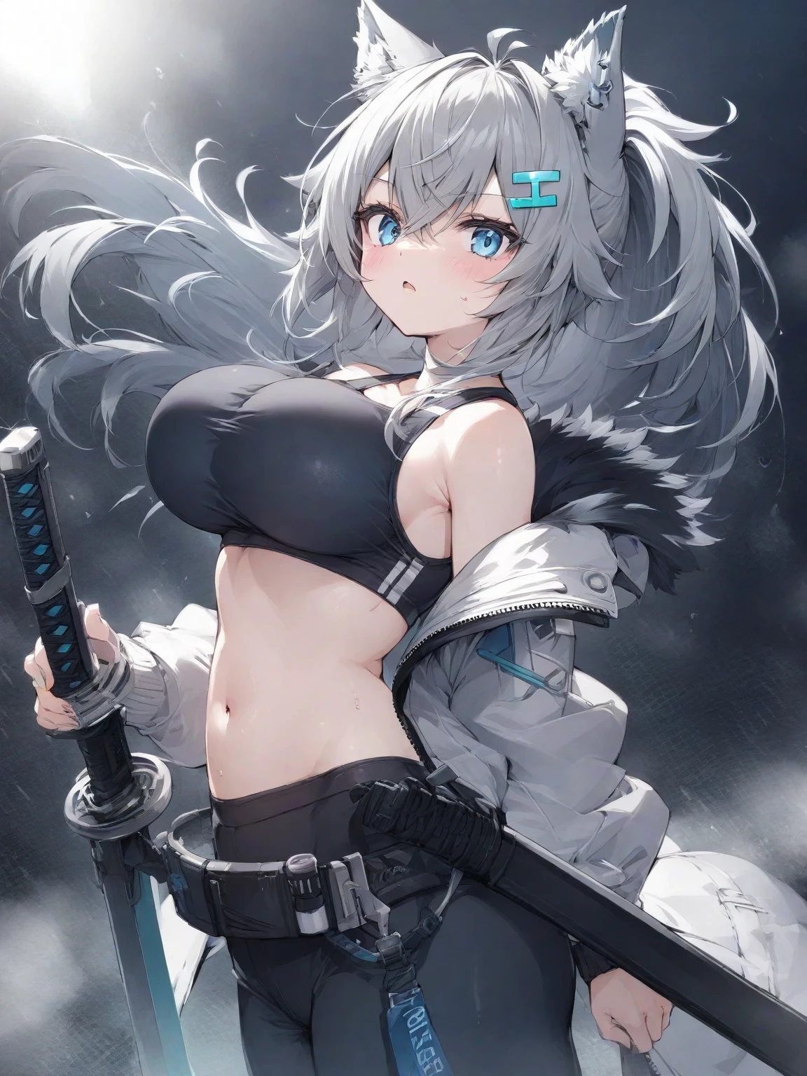 ((masterpiece, Highest quality, High resolution)),8K,One girl,((super fine illustration)),((beautiful detailed eyes,highly detailed skin)),((well endowed,Blessed,Captivating body、Detailed Background)), (holding mace,Combat posture、Ready your weapon、Dynamic composition、Silver braided short bob、Girl with a weapon:1.2)、(Pouting mouth, blush, embarrassed:1.2),