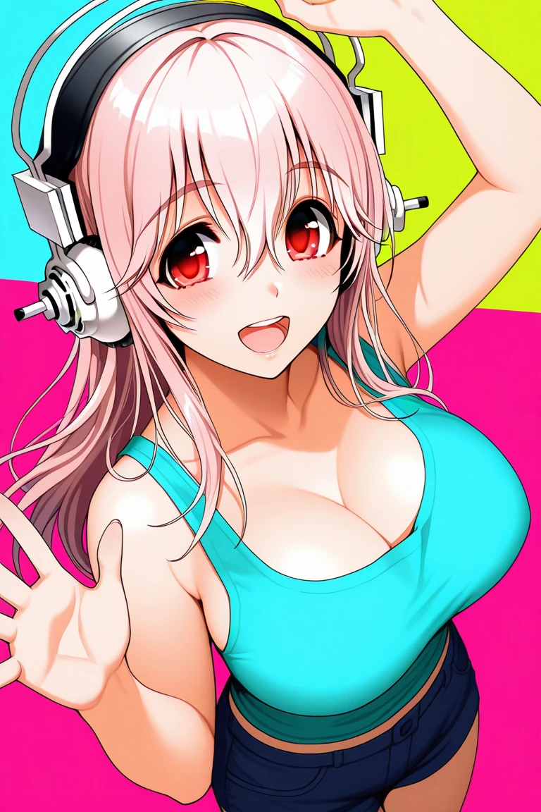 (best quality,4K,8k,high resolution,masterpiece:1.2),Super detailed, anime style, vaporwave aesthetics, line art, huge breasts, bimbo, Slim thicc dead:1.5, Red and black lace bra, Purple and pink background, become sunny, posture:1.5, Wearing large headphones, dead, seductiveexpression:1.2, Smile