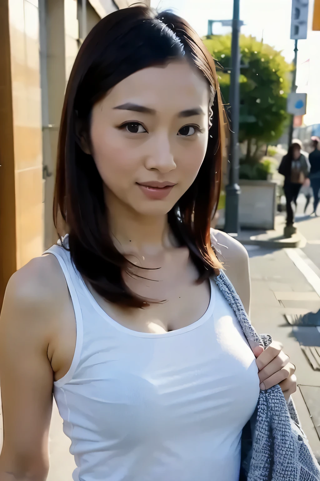 (Sexy pure white breastless half breasts T lower breast super short sex show chest T-shirt:1.3),A little ugly face,Beautie,Seductive smile、naughty expression、Heavy breathing,Full body shot, masutepiece, Best Quality, (Photorealistic:1.4), a photography of a beautiful woman, 3 point perspective, Smiling, Perfect face, Detailed face.(standing nipple:0.8),(Outdoor photography_On the streets of the city:1.2)、Daytime,(lora:covered_nipples_v20:0.6)