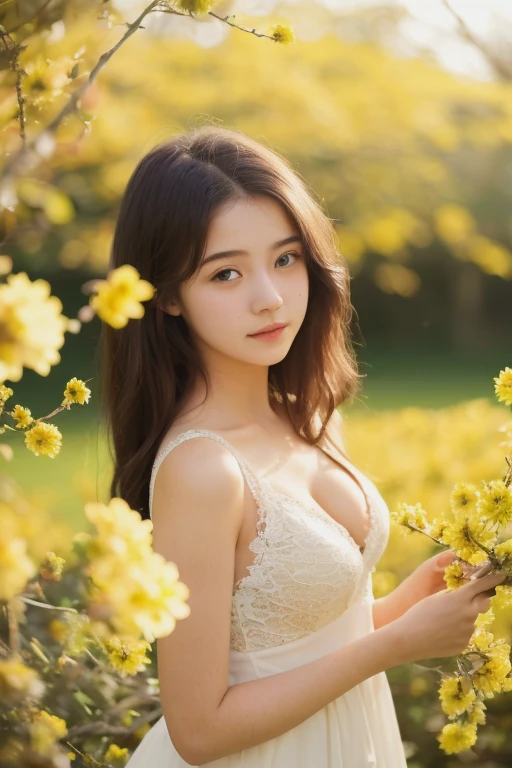 beautiful girl, Slender face, Beautiful sharp eyes., long hair, model face, Beautiful makeup, 18 years old, Wear a white lace G-string set., ((big breasts)), white skin, ((In a field of white flowers)), Very high detail, ((act sexy)), ((Portrait)), ((sunrise)), (Realistic breast)