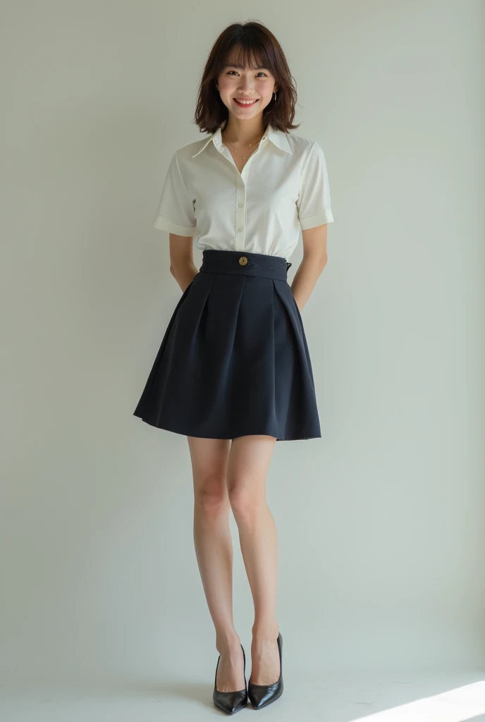 ((Viewing angle from below、Highest quality、masterpiece、32k、Every detail))、Descend the outdoor stairs、commute、Systemic symptoms、Traditional navy blue sailor uniform、White blouse、Pleated skirt、(((A strong wind blows my hair and skirt away:1.62)))、(( I always wear the strap of my bag across my body......:1.22))、One Girl, alone、(((mini skirt, No underwear:1.22)))、Big Breasts、barefoot, High heels