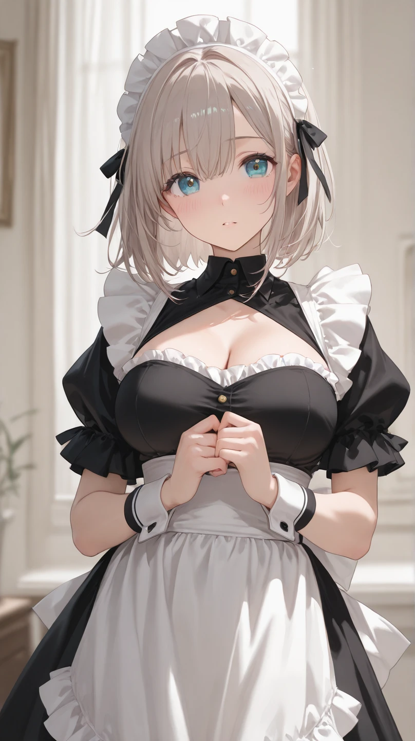 a high chroma、masterpiece、top-quality、hight resolution、extremely delicate and beautiful、beutiful breast、femele1a person、((femele1a person、Single-color background、white backgrounid、length hair、Greige hair、thick legs、maid clothes、skirt by the、Maid Cafe))、Colossal tits、off shoulders、cleavage of the breast、bbw、