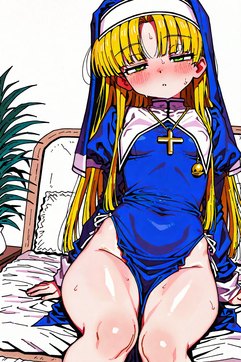 Two women. Two women besándose. Two women sentadas en la cama. Two women frente a frente. Hyuuga Hinata, naked, medium breasts, small nippless, Pussy dripping, spread legs. Naruto-woman, blond hair, two long pigtails, naked, medium breasts, small nippless, Pussy dripping, spread legs. bedroom, sunrise