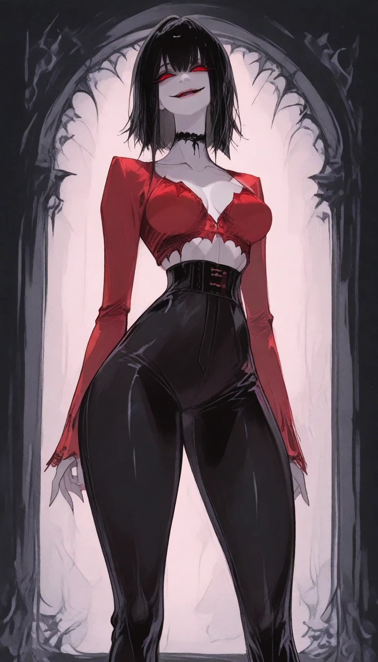 standing,alone,short hair,work of art,face detailed,young fitness linda,Wearing black pantyhose,tight white sweater with collar ,neckleace,evil smile,red eyes glowing,labiaa,eye shadow,bangs on the eyes,Hands behind the head ,Raby,nullified,tempest,citys,pussy
