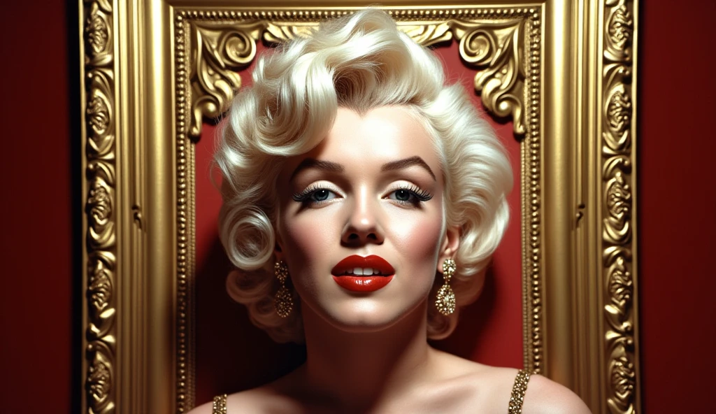 Generate a photorealistic portrait of Marilyn Monroe in her bedroom by the window, illuminated by soft morning light filtering through sheer curtains. Ensure perfect anatomy, with attention to beautiful and detailed fingers, a flawless face, and penetrating eyes. Compose the image using the golden ratio to position Marilyn elegantly within the frame. Highlight the intricate details of her bedroom decor, capturing the interplay of light and shadow on her skin and surroundings. Incorporate subtle reflections in the window glass to enhance realism. The scene should evoke a warm and serene atmosphere, with the sunlight creating a soft glow. Render the image in classic realism style, paying special attention to capturing Marilyn's essence. The final image should be rendered in octane rendering with an 8K resolution, ensuring a masterpiece that reflects her iconic beauty. Achieve a balanced composition with depth, and consider introducing a gentle breeze that adds a touch of dynamism.