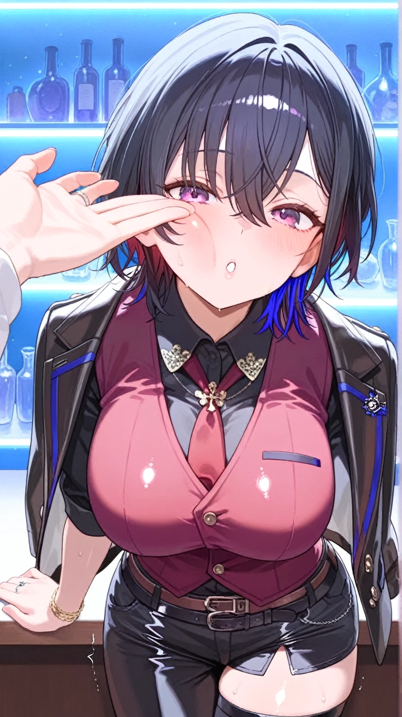 (masterpiece, top quality, very aesthetic, 4k、illustration), intricate detail, 1girl,Standing 、(upper body)、drunk face、(Swirling eyes:1.3),Cute 、Random Hair Color、,middle hair,sidelock ,Random Color　eyes、ninjaarmor clothes、small breasts、Slim 、