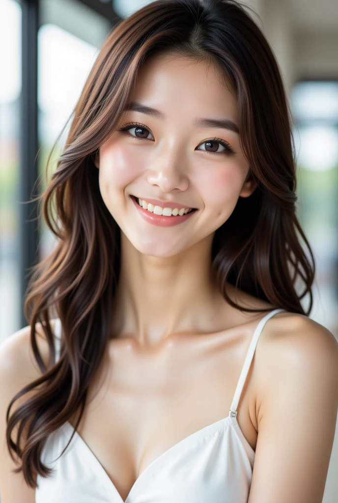 Japanese ),((beautiful girl)),cleavage,An expression that imagines something pleasant:1.2,(perfect body beauty:1.2),((perfect body)),(shy smile),beautiful teeth,