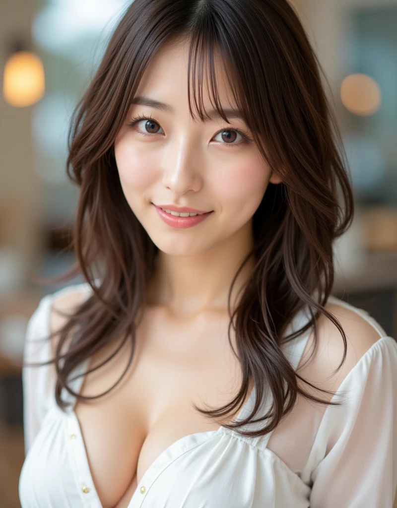 You are a professional gravure photographer.。future、Beautiful Eyes、 ((highest quality)), Clear contours, Woman with beautiful face, (((One Girl,alone))), ((Beautiful Eyes)), Sex Appeal,Albedo and Specular Maps、Accurate simulation of lightweight material interactions、Thigh shot、Three-dimensional background、Bob Hair、Fully open shirt,smile