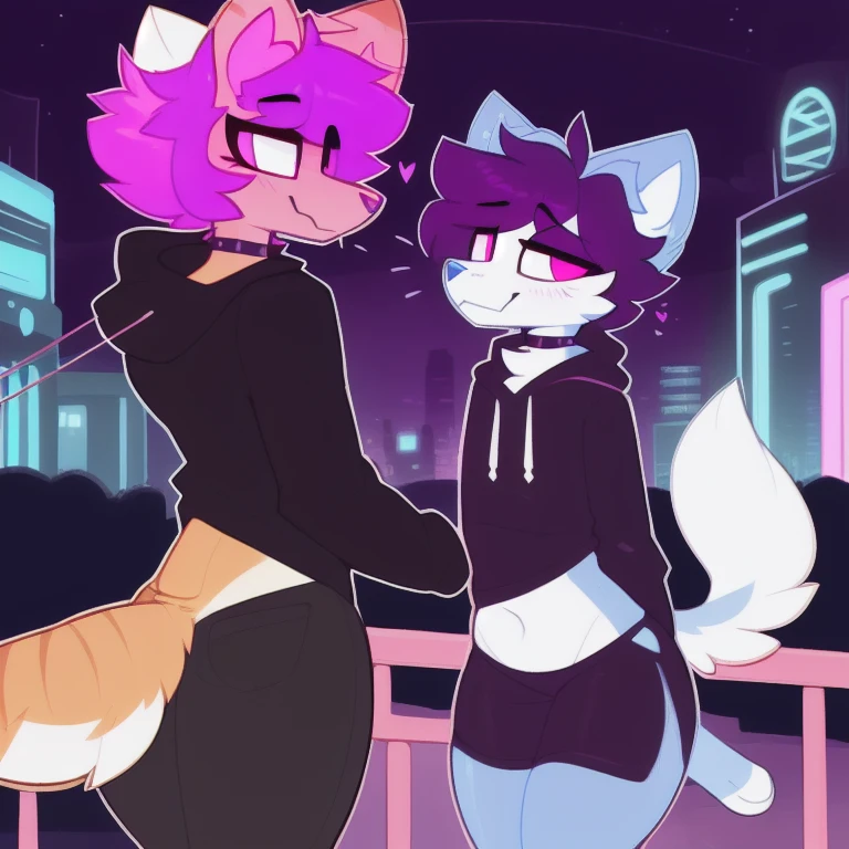 2girls, doing anything, any pose, massive breasts and hips and butt, hoodie and shorts, any fur color and pattern, any eye color [Heterochromia allowed], ((Fluffy fur and tail)), full face blush, any expression, doing anything, any pose, rooftops, night