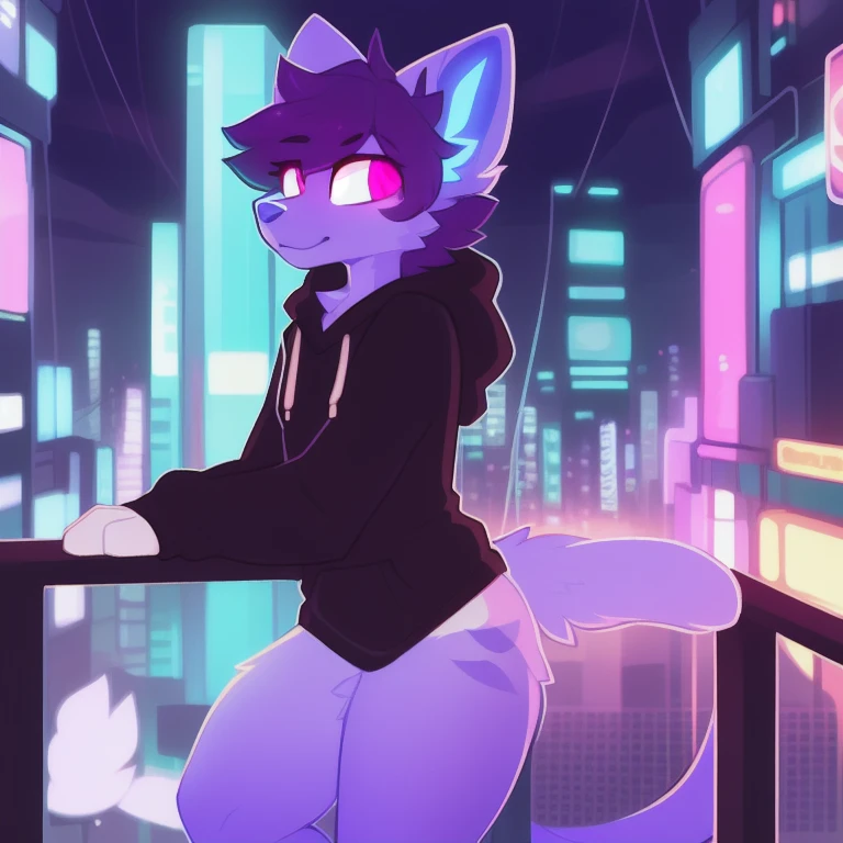 Hyena, male, solo, anthro, (bending over barrier), city, from behind, butt, balls, sweater, (listening to music), closed eyes, headphones, vaporwave, detailed lighting, (neon orange striped thigh high socks)