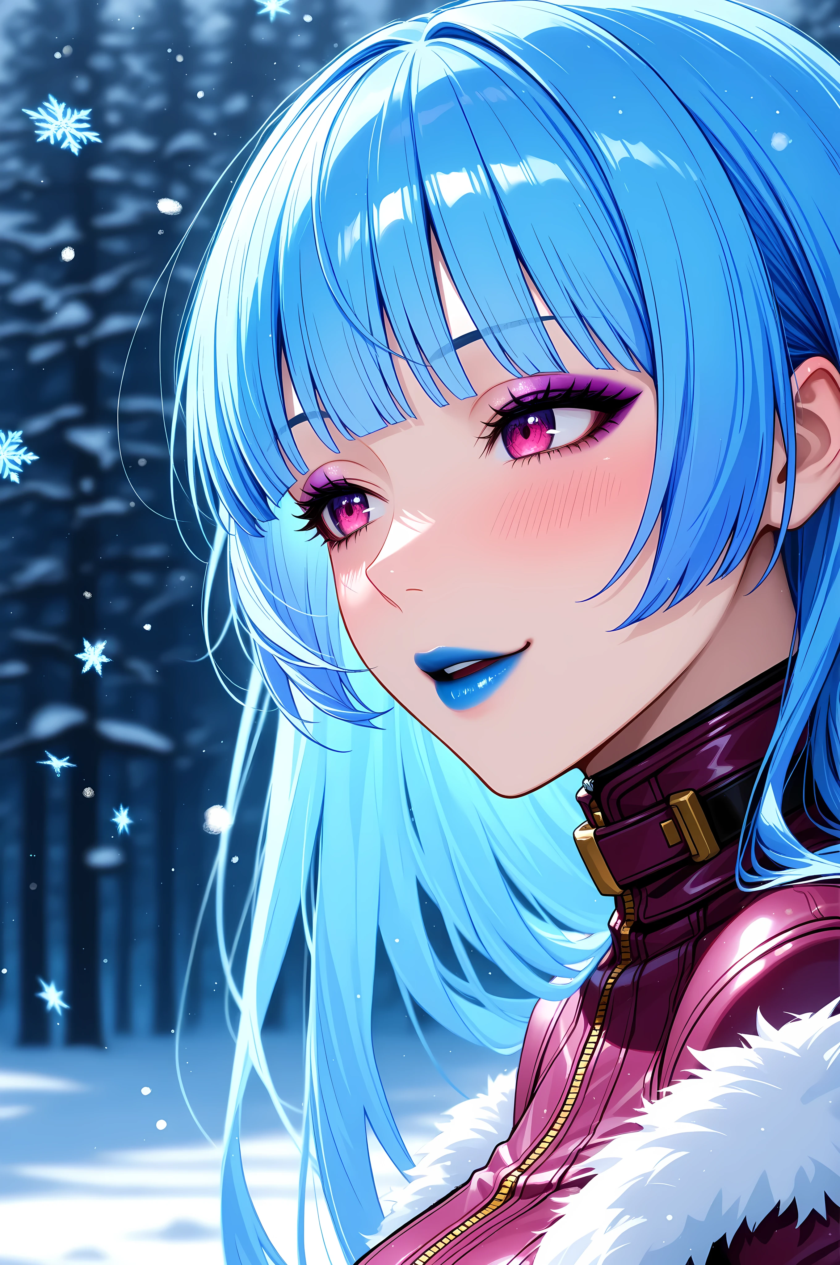 masterpiece, best quality, absurdres, newest, very aesthetic, amazing quality,highres, solo, Kula Diamond \(king of fighters\), blue hair, hime cut, purple eyes, gloves, (1girl), (detailed face:1.2), (detailed eyes:1.3), black eyeliner,purple eyeshadow, blue lipstick, blush, flirting, snowflake, high resolution, 8k wallpaper, Distinct, magical atmosphere, beautiful background, high quality, snowy background