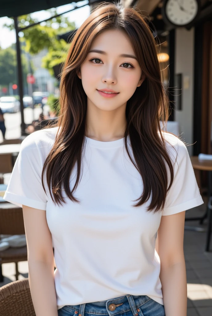 One beautiful model , Instagram (photoRealistic, High resolution:1.4), ((Puffy eyes)), View your audience, , whole body (8k, RAW Photos, Highest quality, masterpiece:1.2), (Realistic, photo-Realistic:1.37),(Sharp focus:1.2), Professional Lighting, Photon Mapping, Radio City, Physically Based Rendering, (Realistic skin:1.2),( ), View your audience, (Medium Hair:1.5),, Purple eyes, (Silver Hair:1.1),bangs, (Park Background:1.4), alone, Realistic,(masterpiece:1.4),(Highest quality:1.4),(Glowing Skin),Stylish girl,Compensate,smile(skinny,Mouth closed,shy :1.3) , shoulder,Full Color:1.1),whole bodyショット,T-Shirts ,jeans,Medium Bust, Photo session,information