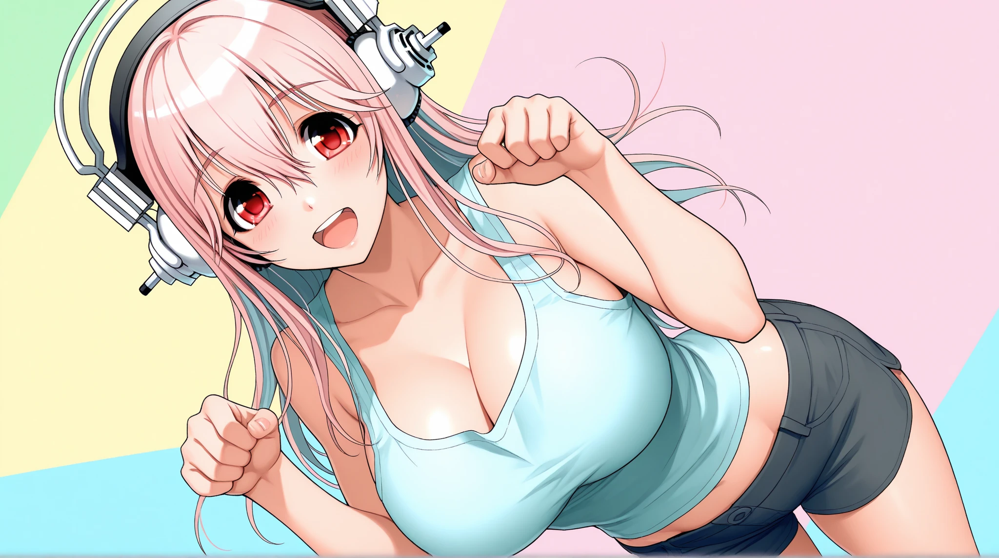 (highest quality:1.2, Comic Artwork, Comic book style, Very detailed, up to date, Vibrant, digital coloring, High Contrast, masterpiece:1.2, Best Quality, Best aesthetics, aya), (((super Sonico, 1 Female:1.2))), Pink Hair, Medium Hair, Gradient Hair, Reddish brown eyes, Silver_Headphones, Yellow bikini top, necklace, Denim hot pants, Beautiful thighs, blue boots, Open your mouth, smile, Random Posing, Cowboy Shot, Simple Background.