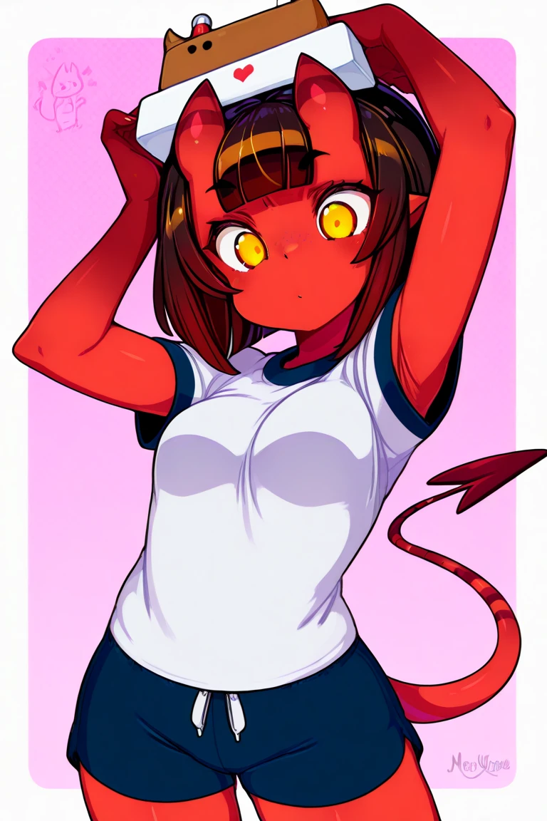 1girl , arm behind back, cropped shirt , cross-laced footwear, cross-shaped pupils , demon horns, hair between eyes , hand on own hip , highleg, highleg panties, horns , long hair , long sleeves , navel , no pants, orange eyes , orange hair , orange shirt , panties , print shirt , pussy , pussy peek , red horns , sharp teeth, shirt , shoes , solo , standing , string panties, symbol-shaped pupils , teeth , thigh gap, tongue , tongue out , two-tone footwear, underwear, white footwear, white panties, absurdres