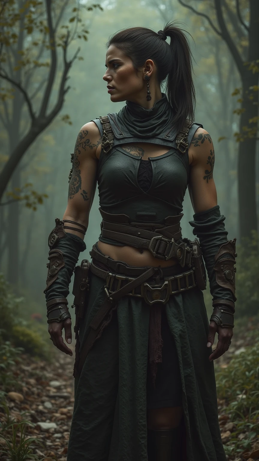 "The Last Anaconda Amazon" Beautiful woman, cold face, no horns, have an anaconda tail behind her butts, scary tail, have a thousand arms, an ancient witch, wear a full-mask cover face, holding sharply weapon and shield, wear an old-fashioned hood, wear a clothes from Arknights, Bloodborne theme, Arknights theme, dark fantasy, scary theme, green forest, monstrous pet, bloody background, supervillain, evil movement, mercilessly squads.