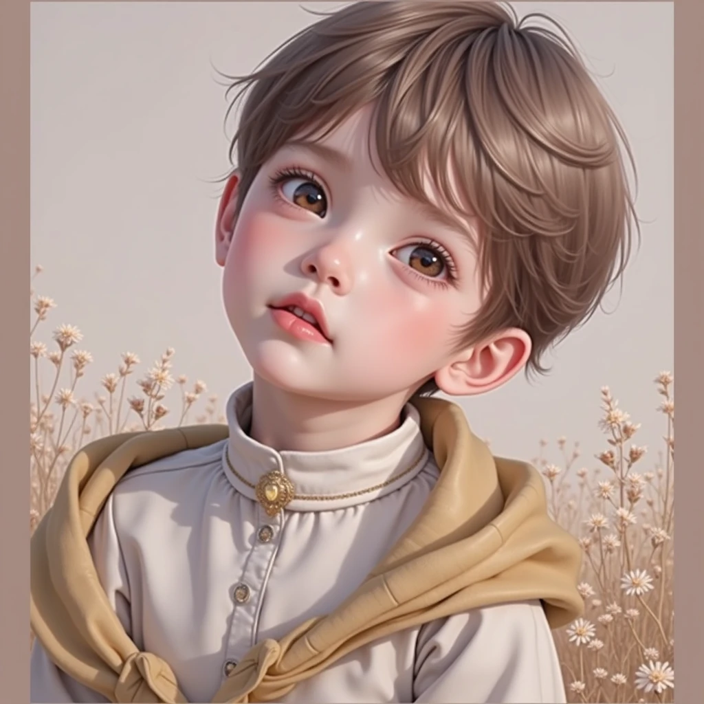 Portrait of a cute boy, 5-6 years old, ashy gray hair, short haircut, big green eyes, plump bow lips, light yellow jumpsuit, realism, watercolor, 4K, High detail