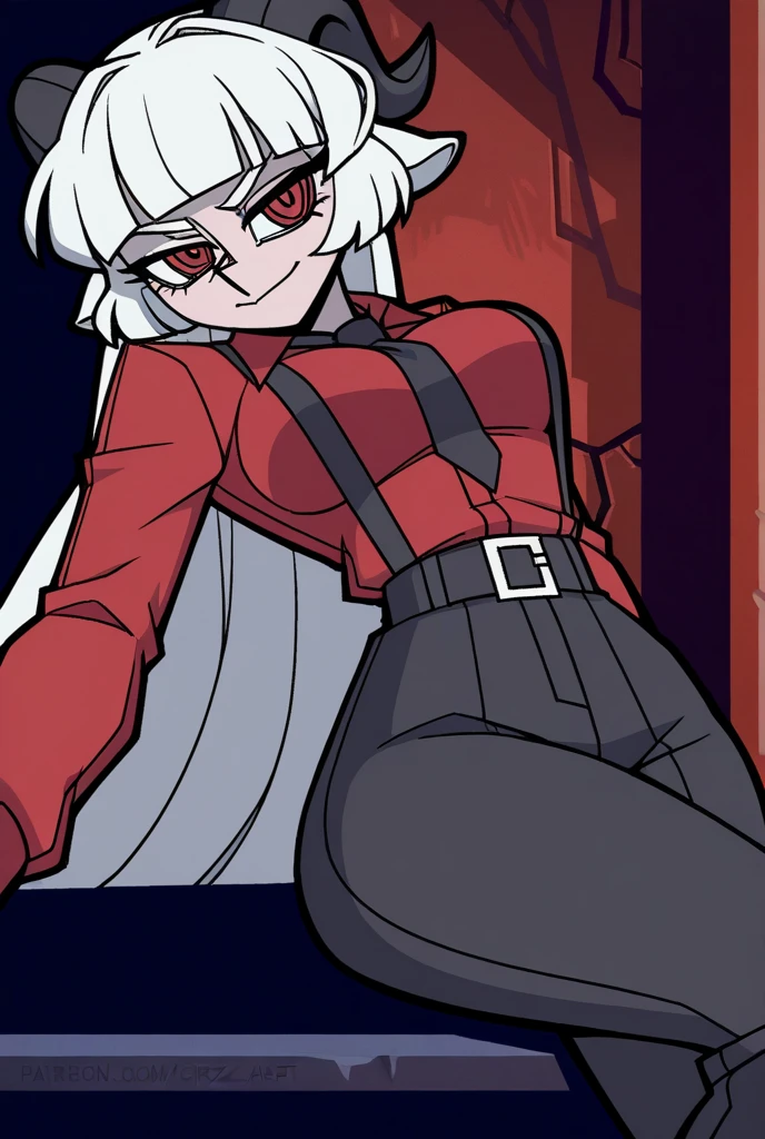 masterpiece, best quality, Modeus \(helltaker\), horns, red hair, demon girl, 1girl, full body, secretary outfit, black skirt, pantyhose, white shirt, heels, demon horns, gigantic breasts, pink eyes, long hair, black horns, hair over one eye, piercing, jewelry, tail, demon tail, choker, lip piercing, necklace, gigantic breasts,