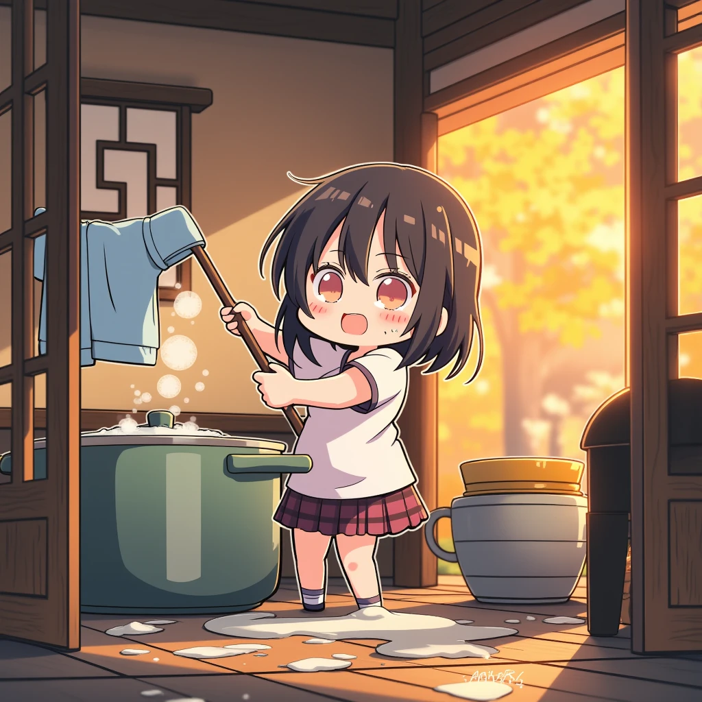 chibi anime art,１A human woman is in the room, Age 19, casual clothes, chibi, cute,
Clean, wash, and cook１degrees,
My whole body is in a pot I'm trying to handle, I'm reaching out and drying the laundry above my head, The hot water in the pot is spilling all over the floor, It's flooded,
(masterpiece, details:1.2), masterpiece. 超details, cinematic composition, top quality, 4k, 8k, perfect lighting, Ultra High Fine Art, depth of field, (from above,  from afar, anime-style illustration),
(perfect finger, delicate hands, perfect  at the shrine in the evening:1.1), Bokeh, no text

