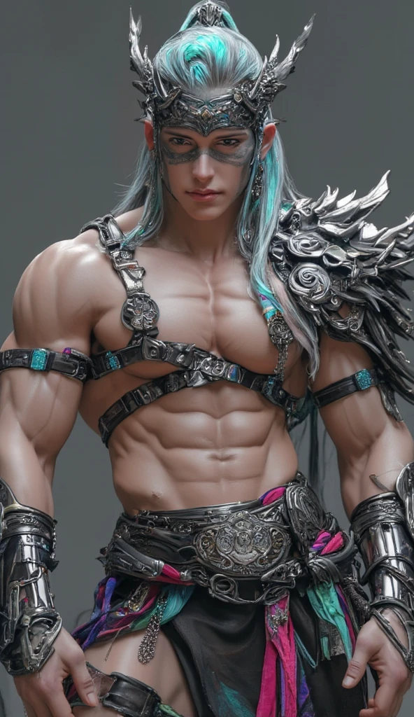 Model design，Tide play blind box，3D naked boy,GK, The whole body of the character，base，Wu Shixun，Raised sexy，coda，Long horns on the head，Transparent wings，Handsome cybernetic boy looking at camera lingerie detailed muscular reality masterpiece，musculous