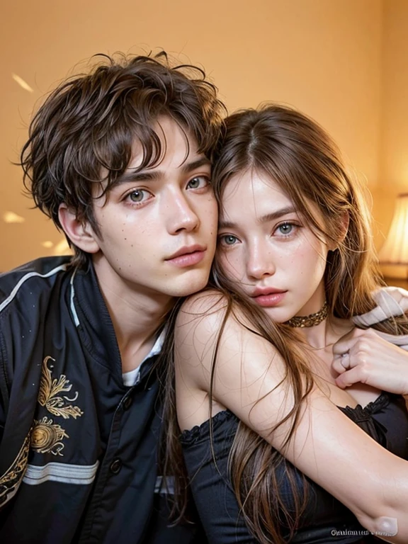 (Masterpiece: 1,2), (photorealistic: 1,2), (best quality), ((realistic: 1.3)), (intricate details), ((whole bodies))

((A HETERO COUPLE)) hugging, the WOMAN has her head against his chest, and the MAN holds the woman's waist. the man has a serious and masculine appearance, with ((his black ((shoulder-length)) hair)), bangs between his eyes, pale skin like a milk, and light blue eyes. He has a calm but serious expression. He is wearing a black shirt and a black pants. The man's body is tall, tall and thin. 

the woman has a cute and feminine appearance, a gentle smile and a cheerful expression, pale pink skin, freckles on the skin, ((long and wavy brown hair)), bangs on the forehead, green eyes, large eyelashes, pink lips, pink cheeks, pink dress, cute earrings, hair clip. the woman's body is small, cute and feminine, and has a big breasts. the scenery is a living room, the sunlight reflects on them. both of the couple are smiling and blushing.
