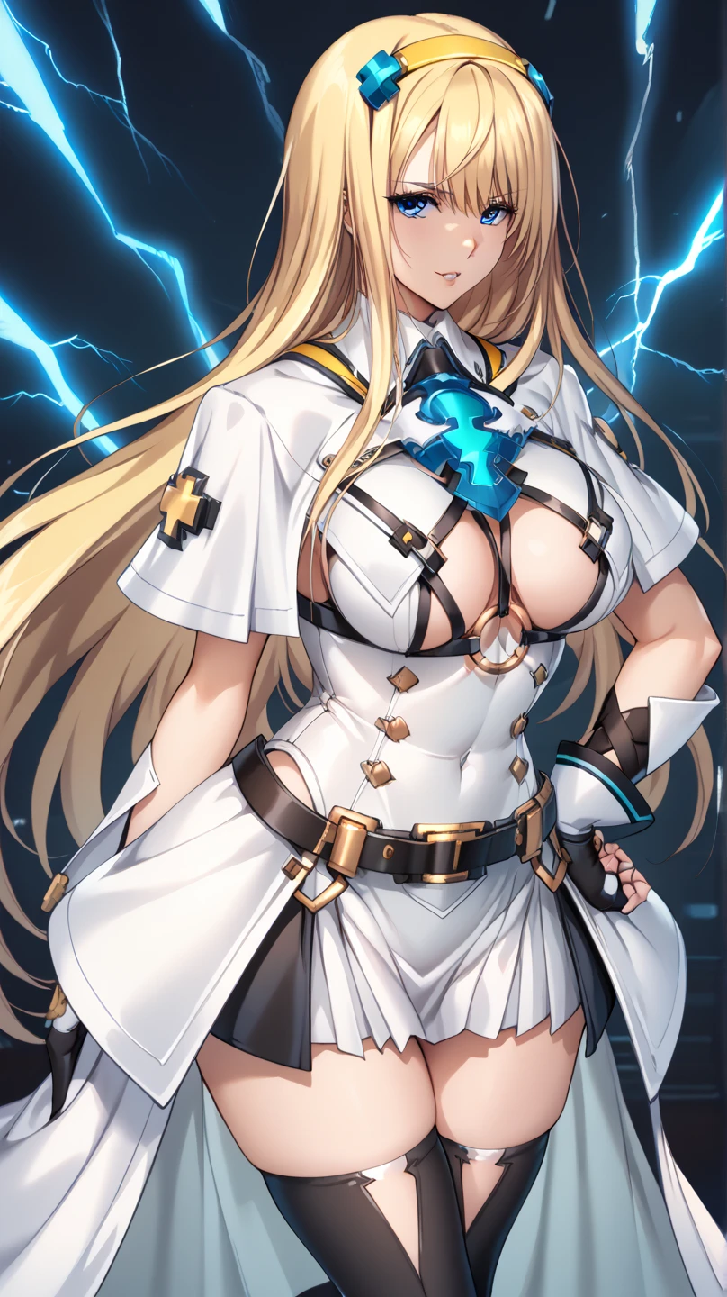 Gray translucent armor,Arm mecha,blonde short hair,Long ponytail hairstyle,Large Breasts,Cleavage,Pistol hanging from waist,fighter pilot,fighter hangar,Sexy,Lipstick,miss,Golden Eyes,stockings,Short skirt,Smile,red glasses