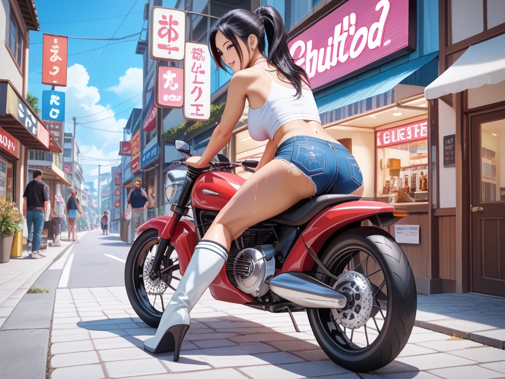 masterpiece, ultra high quality cg, best quality, perfect image, high quality face, 1girl, hilda pokemon, ponytail, brown hair, baseball cap, white crop top, denim shorts, short shorts, toned body, garage, sitting on motorcycle, sneakers, large breasts, 