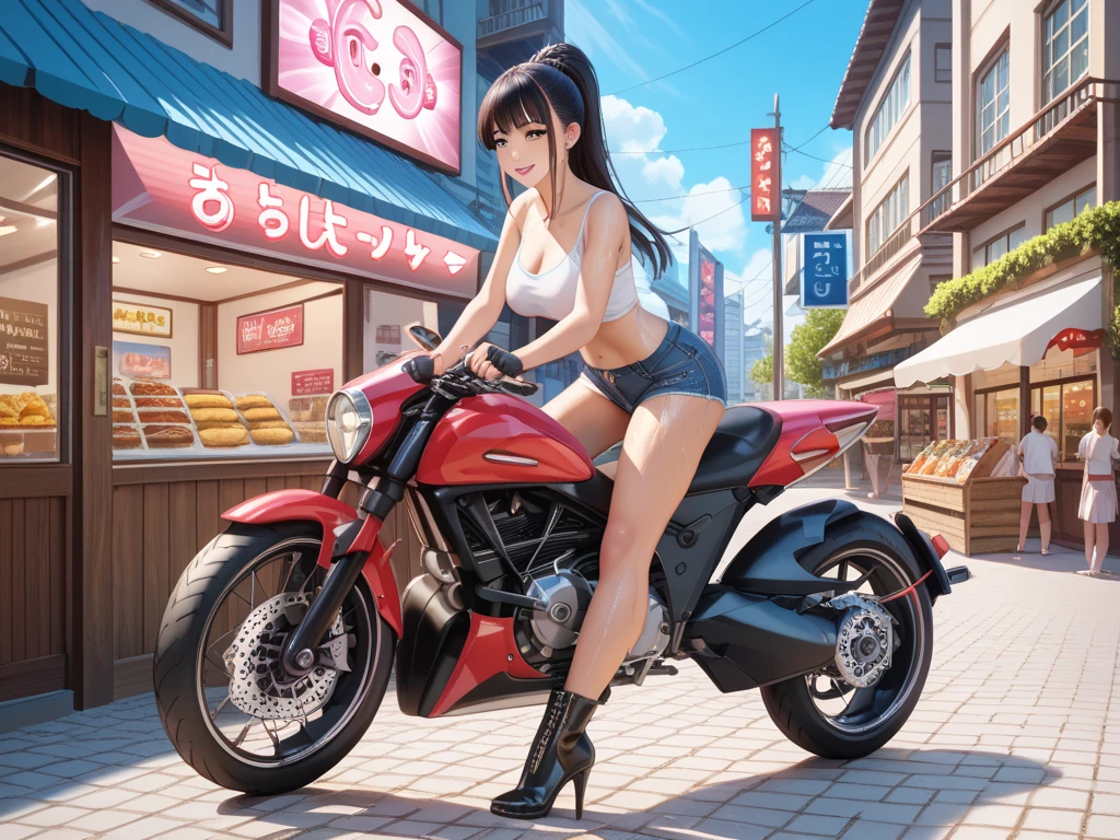 1milf,(nsfw,masterpiece,best quality,beautiful detailed eyes, ultra-detailed, finely detail,extremely detailed CG,unity 8k wallpaper,shiny skin, shiny breasts,high resolution,perfect anatomy,assertive female:1.3),(character focus:1.5),curvy,gigantic breasts,(gleaming skin:1.3),(Completely nude:1.5),(Riding on motorcycle:1.5),(black knee high socks:1.5),(black long hair:1.4),(motor bikes)、(pier)、(Woman driving motorcycle)