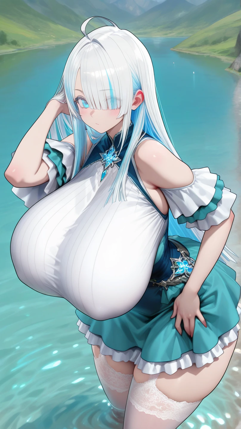 (semi-realistic:0.8), masterpiece, best quality, 1girl, solo, (chubby, curvy, thick), milf, elf, blunt bangs, light blue hair, long hair, two side up, shameful face, beautiful eyes, shy, blush, closed mouth, armpit, gigantic breasts, huge breasts, big breasts, big areola, cleavage, huge ass, big ass, (((wide hips))), latex, choker, elbow gloves, (micro bikini), thong, thighhighs, ocean, standing, hands behind head, (looking at viewer, front, front view), portrait, cowboy shot