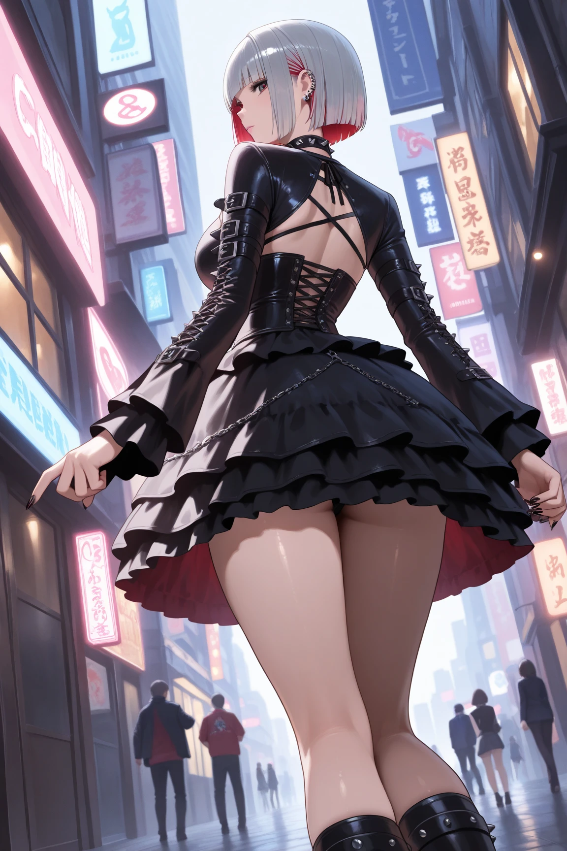 masterpiece, best quality, 1girl, single hair bun, medium breasts, glossy lips, light smile, good lighting, yuigahama yui, elbow gloves, city street, neon lights, night, crowd, standing, high heels, dress