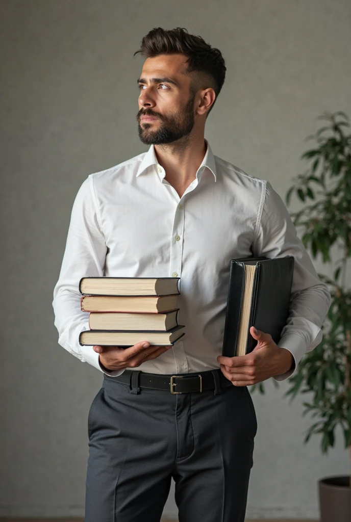 A young man,Handsome brunette boy,wears glasses,smartwatch,White-skinned,Ultra-flat head,Muscle men,Man,highr,upper legs,Thick thighs,Wide shoulders,Light blue short-sleeved shirt,Khaki pants,Large bulge at the crotch,A high resolution:1.2,best qualtiy,Upper body shooting,Volumetriclighting、depth of fields、shadowing、Rejoice,Light smile,bookshelves,beside the window,Reading a book,library background,Dynamic,The vista is blurred