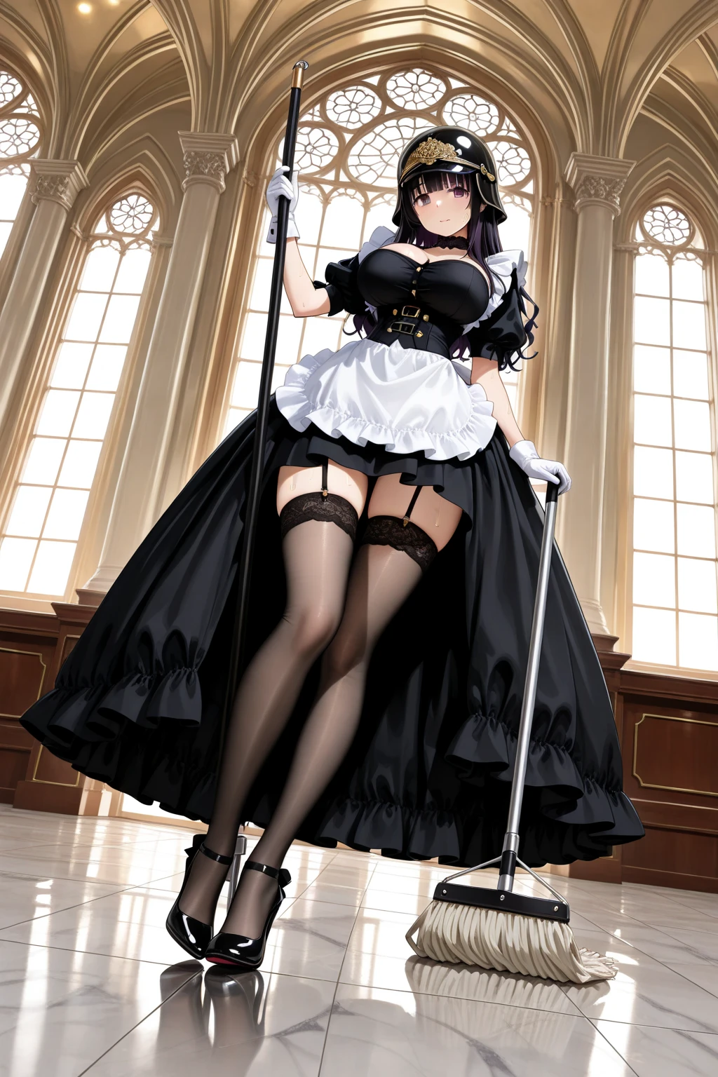 (Full body shot:2), ((Saria/Woman with immensely large breasts)), she's wearing ((black costume with white parts/maid's outfit with maid's headdress on her head, little clothing, extremely tight on her body)), looking at the viewer, red cheeks. She is in a hotel room with window, in front of the window, (curly purple hair too short: 1.2), (green eyes: 1.2), closed fists, anime, 16k, UHD, masterpiece, anatomically correct, textured skin, best quality, high details